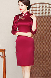 Rose Red Silk Midi Qipao / Cheongsam Dress