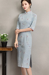 Blue Floral Linen Midi Qipao / Cheongsam Dress