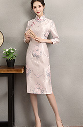 Pink Woven Floral Midi Qipao / Cheongsam Dress for Winter