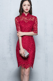 Short Half Sleeve Lace Qipao / Cheongsam Party Dress