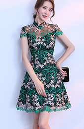 Green Embroidered A-Line Qipao / Cheongsam Party Dress