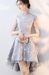 Embroidered Star Qipao / Cheongsam Dress with High Low Hem