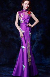 Purple Embroidered Fishtail Qipao / Cheongsam Evening Dress with Cutout Back