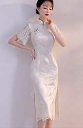 White Lace Mid Qipao / Cheongsam Party Dress with Bell Sleeve