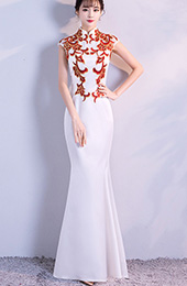 White Fishtail Appliques Qipao Cheongsam Evening Dress