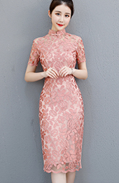 Pink Lace Midi Qipao / Cheongsam Party Dress