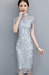 Gray Lace Midi Qipao / Cheongsam Party Dress