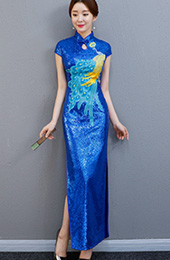 Blue Sequined Long Embroidered Qipao / Cheongsam Party Dress with Split