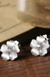 White Crystal Opal Silver Flower Stud Earrings