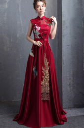 Wine Red A-Line Floor Length Qipao / Cheongsam Wedding Dress with Embroidery