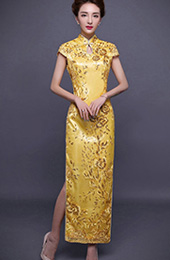 Golden Sequined Embroidered Qipao / Cheongsam Evening Dress