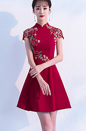 Wine Red A-Line Embroidered Qipao / Cheongsam Party Dress