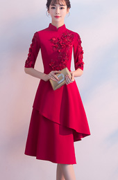 Wine Red Irregular Hem Appliques Qipao / Cheongsam Wedding Dress