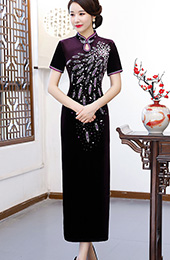 Purple Velvet Long Beaded Qipao / Cheongsam Dress
