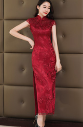 Wine Red Lace Long Qipao / Cheongsam Wedding Dress