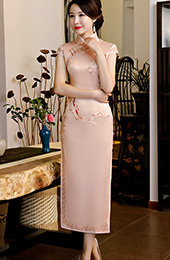 Pink Embroidered Long Qipao / Cheongsam Dress with Lace Trim