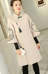Beige Embroidered Wool Blend Women Chinese Tang Coat