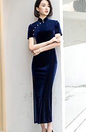 Royal Blue Velvet Qipao / Cheongsam Dress with Thigh Split