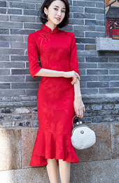 Red Tea Length Qipao / Cheongsam Dress with Pep Hem