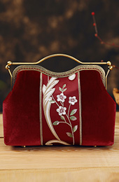 Embroidered Red Velvet Chain Strap Clutch Purse Bag