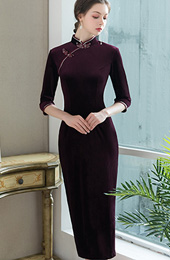 Purple Velvet Tea-Length Qipao / Cheongsam Dress