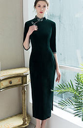 Green Velvet Tea-Length Qipao / Cheongsam Dress