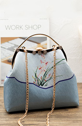 Blue Silk Printing Chain Top Handle Clutch Bags