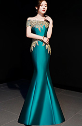 Green Off Shoulder Fishtail Qipao / Cheongsam Party Dress