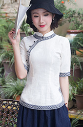 White Linen Qipao / Cheongsam Blouse Top with Half Sleeve
