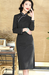 Black Midi Striped Qipao / Cheongsam Winter Dress