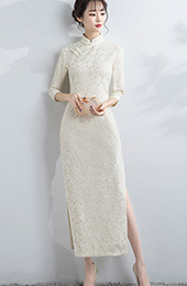 Beige Lace Long Qipao / Cheongsam Party Dress with Half Sleeve