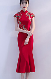 Red Embroidered Midi Qipao / Cheongsam Evening Dress
