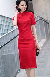 Red Lace 2019 Mid Cheongsam / Qipao Party Dress