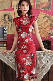 Red Floral Mid Qipao / Cheongsam Party Dress