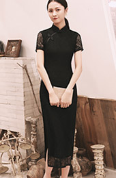 Black Lace Slit Long Qipao / Cheongsam Prom Dress