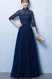 Blue Sequined Qipao / Cheongsam Evening Dress with Tulle Skirt