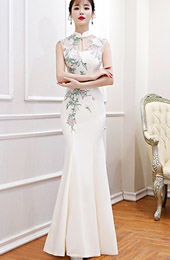 White Beaded Fishtail Wedding Qipao / Cheongsam Dress