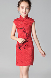 Red Embroidered Floral Kids Girl's Cheongsam / Qipao Dress