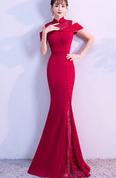 Wine Red Cold Shoulder Mermaid Qipao / Cheongsam Wedding Dress