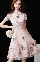 Pink Bridesmaid Floral Short Qipao / Cheongsam Dress
