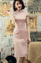 Pink Embroidered Mid Qipao / Cheongsam Dress with Lace Trim