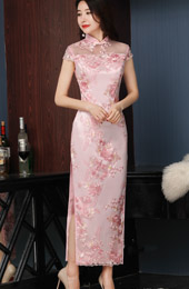 Pink Embroidered Overlay Long Qipao / Cheongsam Wedding Dress
