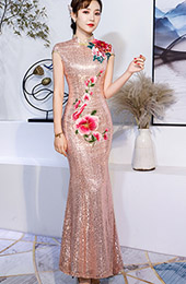 Pink Sequined Embroidered Mermaid Qipao / Cheongsam Wedding Dress