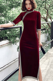 Wine Red Purple Velour Tea-Length Qipao / Cheongsam Dress