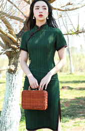 Green Linen Mid Cheongsam / Qipao Dress