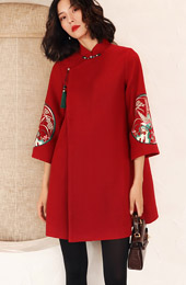 Red Embroidered Wool Blend Women Chinese Tang Coat