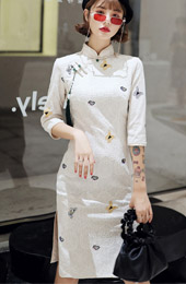 Beige Lace Embroidered Butterfly Qipao / Cheongsam Dress