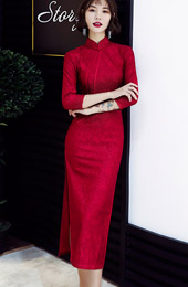 Wine Red Lace Long Sleeve Qipao / Wedding Cheongsam Dress