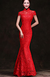 Red Lace Floor Length Mermaid Cheongsam / Qipao Wedding Dress