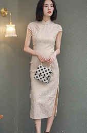 Pink Beige Long Qipao / Cheongsam Evening Dress